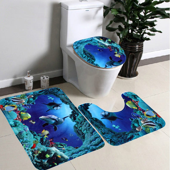 3 in 1 Ocean Style Bathroom Decor Non-Slip Pedestal Rug + Lid Toilet Cover + Bath Mat