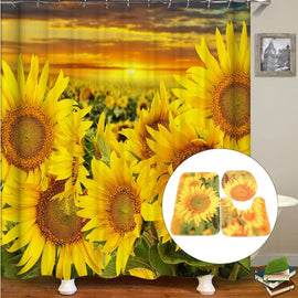 Sunflowers Bathroom Shower Curtain 3Pcs Bathroom Pedestal Rug + Lid Toilet Cover + Bath Mat Set