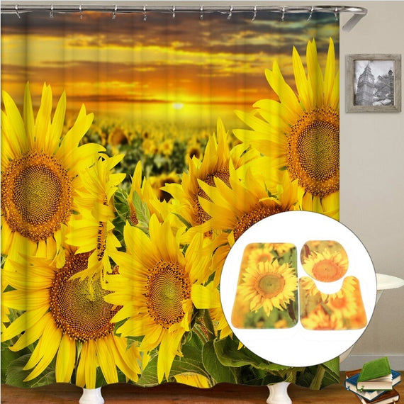 Sunflowers Bathroom Shower Curtain 3Pcs Bathroom Pedestal Rug + Lid Toilet Cover + Bath Mat Set