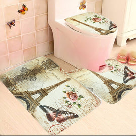 3Pcs/Set Paris Eiffel Tower Pattern Anti-Slip Bathroom Pedestal Rug + Toilet Lid Cover + Floor Mat Bath Mat Set