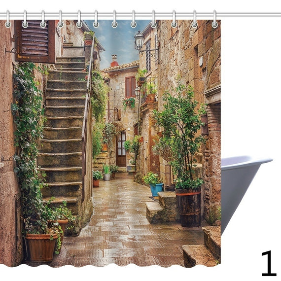 Tuscan Decor Shower Curtain Set View Of An Old Mediterranean Street With Stone Rock Houses in Italian City Rural Culture Print, Bathroom Accessories, 66x72 Inches Long, Multi