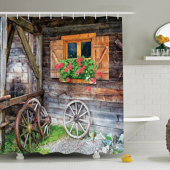 Shutters Decor Shower Curtain , Weathered Old Window with Flowers in Pot Wheels Farmhouse Rural Scene Front View , Polyester Fabric Bathroom Shower Curtain Set with Hooks, Brown Green Red