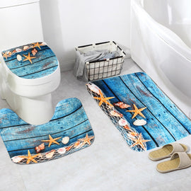 3Pcs/Set Anti-Slip Blue Wood Floor Starfish Ocean Style Bathroom Pedestal Rug + Toilet Lid Cover + Floor Carpet Bath Mat Sets