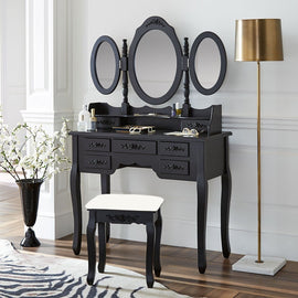 Tri Folding Mirror Black Wood Vanity Set Makeup Table Dresser 7 Drawers + Stool