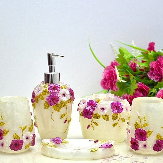 Bathroom Accessories Sets Pastoral Floral Lotion Dispenser Toothbrush Holder Tumbler Cup Soap Dish 5pcs