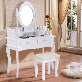 Vanity Table Set with Oval Mirror/4 Drawers,Wood Makeup Dressing Table Bathroom and Cushioned Stool,White