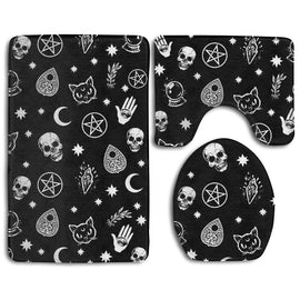 Skull Cat Moon Gothic Pattern Black Toilet Cover Set Bath Mat Bathroom Carpet Rug Washable Non-Slip Mats 3 Piece