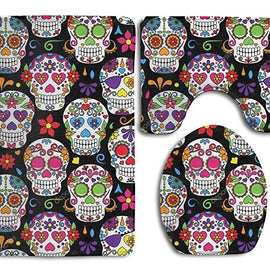 Day Of The Dead Sugar Skull Black Bathroom 3-Piece Mat Sets Pedestal Mat+Lid Toilet Cover+Bath Mat Doormat Non-slip Rug