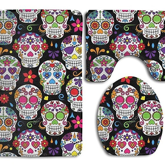 Day Of The Dead Sugar Skull Black Bathroom 3-Piece Mat Sets Pedestal Mat+Lid Toilet Cover+Bath Mat Doormat Non-slip Rug