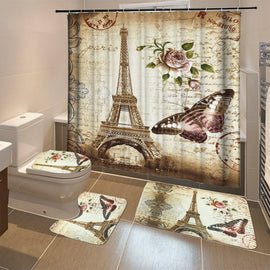 Beautiful Eiffel Tower  Paris Print Bathroom Decoration Mildew-proof Waterproof Shower Curtain+ Non Slip Bathroom Pedestal Rug + Toilet Lid Cover + Floor Mat Bath Mat