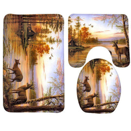 Animals Deers River Forest Bathroom Carpet Rug,Non-Slip 3 Piece Bathroom Mat Set