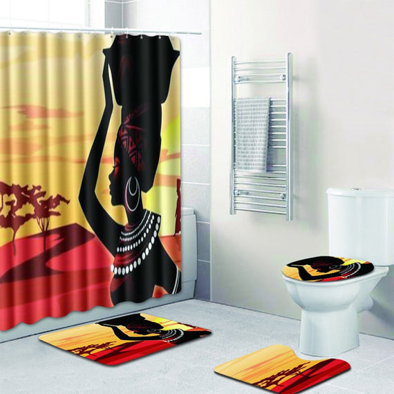 4Pcs Bathroom Suit African Girl Waterproof Toilet Cover Rug Mat Set Flannel Bathroom Shower Curtain