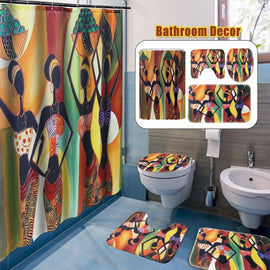 2018 New Arrivals National Flavor Africa Girl Pattern Bathroom Four-piece Suit, Polyester Shower Curtain Bathroom Pedestal Rug Lid Toilet Cover Bath Mat Set