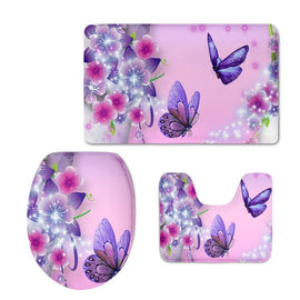 Pink Butterfly Bathroom 3-Piece Mat Sets Pedestal Mat + Lid Toilet Cover + Bath Mat Doormat Non-slip Rug