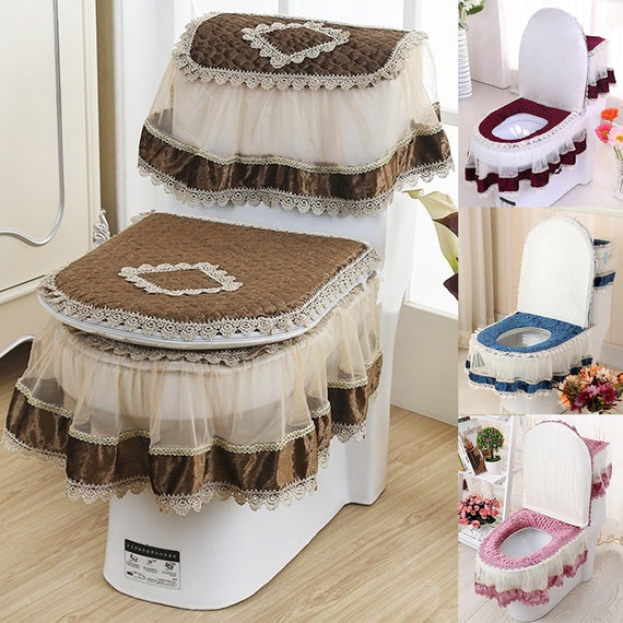 Vintage 3Pcs/set Toilet Seat Covers Lace Toilet Lid Pads Soft Toilet Seat Ring Bathroom Supplies