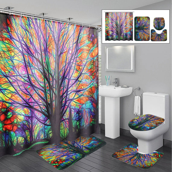 Colorful Dreamy Tree Pattern 1pcs Bathroom Shower Curtain/3pcs Bathroom Pedestal Rug, Toilet Lid Cover, Bath Mat Set/ 4pcs Full Set