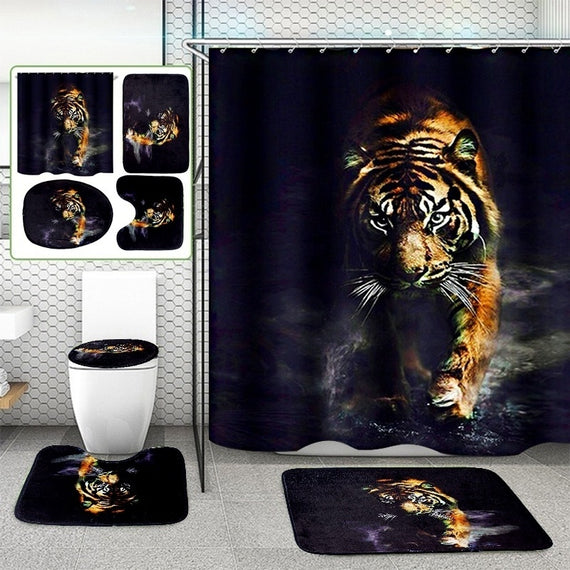 Black Background Tiger Printed Bathroom 3pcs Toilet Seat Cover Cushion Mats + waterproof Shower Curtain with Hooks/or 3pcs Mats/1pcs shower curtian