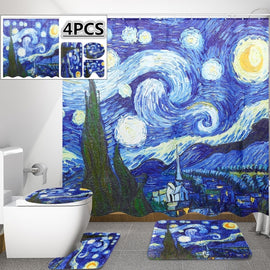 Home Bathroom Decor Set The Star Night Pattern Toilet Seat Cover Bath Mat Rugs Set+ Waterproof Shower Curtain