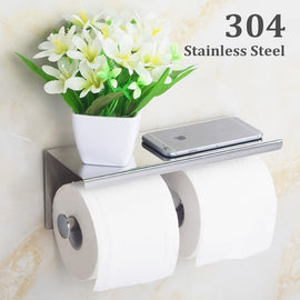 304 Stainless Steel Double Toilet Paper Holder Bathroom Roll Tissue Roller Holder Wall Storage Shelf Rack