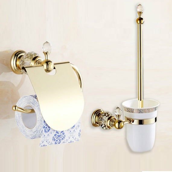 2PCS/SET Luxury Golden European style Brass Crystal Toilet Brush Holderroll holder toilet paper holder tissue box Bathroom Accessories bath hardware