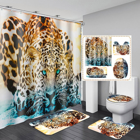 3D African Cheetah Leopard Waterproof Shower Curtain Anti-slip Bath Mats Carpets Pedestal Rugs Toilet Seat Cover Bathroom Decoration