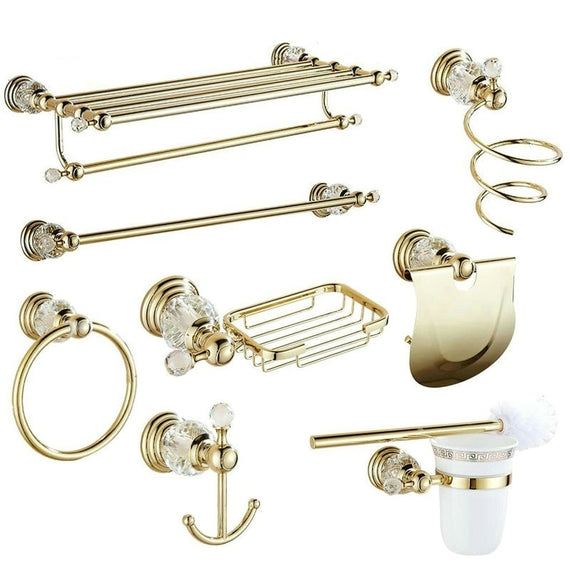 Golden Polish Brass & Crystal Wall Mounted Bathroom Accessories SetsTowel Rack Towel Shelf Hook Paper Holder