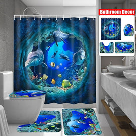 Blue Ocean Deep Sea Dolphin Waterproof Bathroom Shower Curtain Non-Slip Rug Set Pedestal Rug Lid Toilet Cover Bath Mat Shower Curtains for Bathroom Decor
