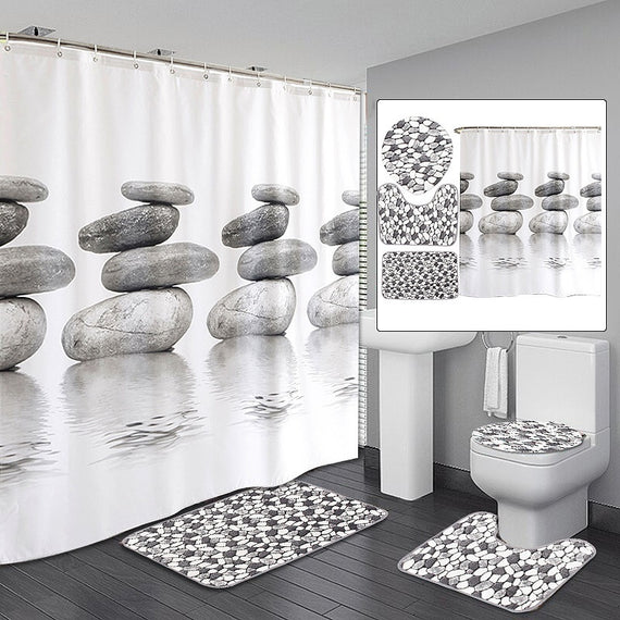 Stone Pebbles Bathroom Set Waterproof Shower Curtain Home Carpets Toilet Seat Cover Bath Rugs Non-slip Floor Mats Doormat