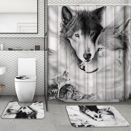 Custom Cool Wolf Couple Art Print Waterproof Shower Curtain 3-Piece Toilet Cover Mat  Floor Rugs Home Bathroom Decoration