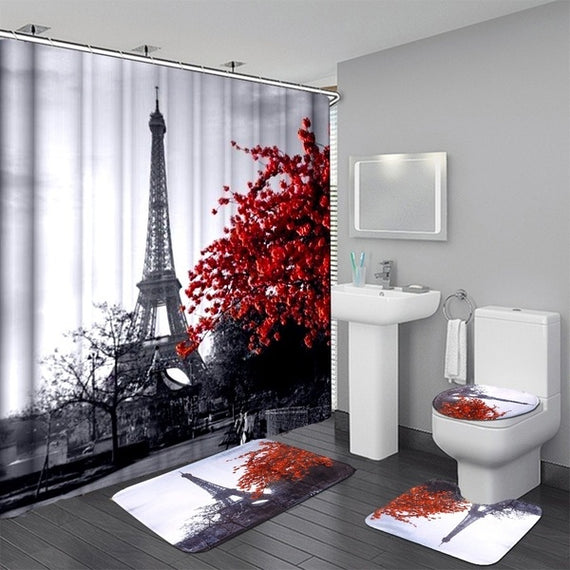 Paris Eiffel Tower Red Maple Landscape Bathroom Set Waterproof Shower Curtain and Toilet Cover Mat Non-Slip Rug Set