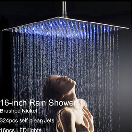 Brushed Nickel 16-inch LED Shower Head Bathroom Ceiling/Wall Mounted Rain Square Sprayer Shower Head