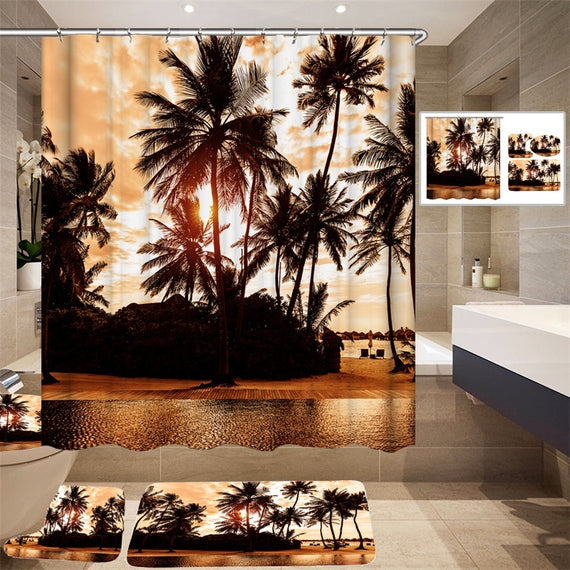 Coconut Tree Bathroom Set , 180*180cm Mildew-proof Waterproof Shower Curtain +Floor Carpets +Pedestal Rug +Toilet Cover Mat