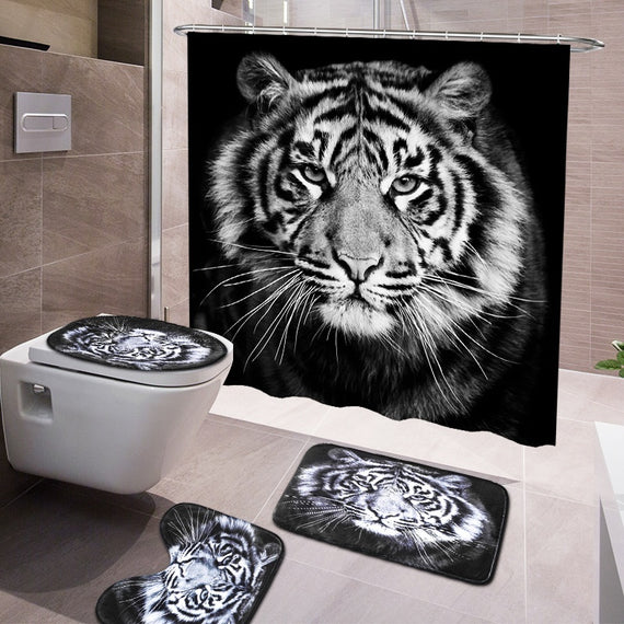 1/3/4pcs Tiger Black Waterproof Printing Bathroom Shower Curtain Toilet Cover Mat Non-Slip Rug