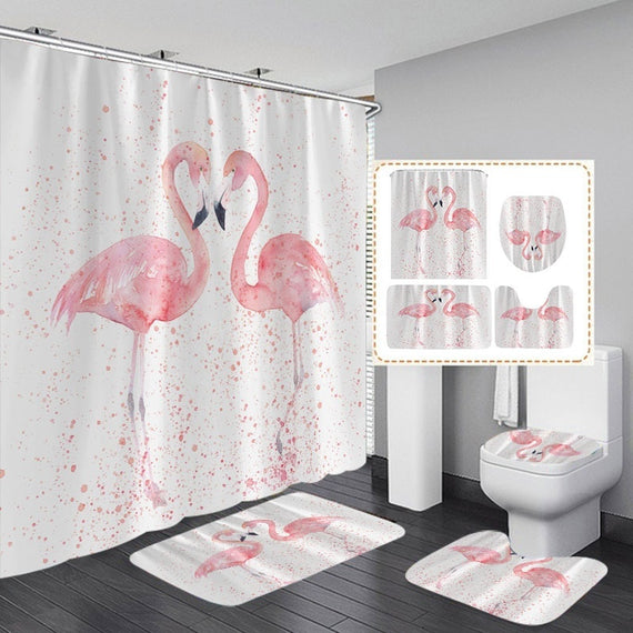 1/3/4Pcs 3D Flamingo Waterproof Shower Curtain Mildew proof Toilet Cover Non-slip Mat 3pcs Toilet Bathroom Decor