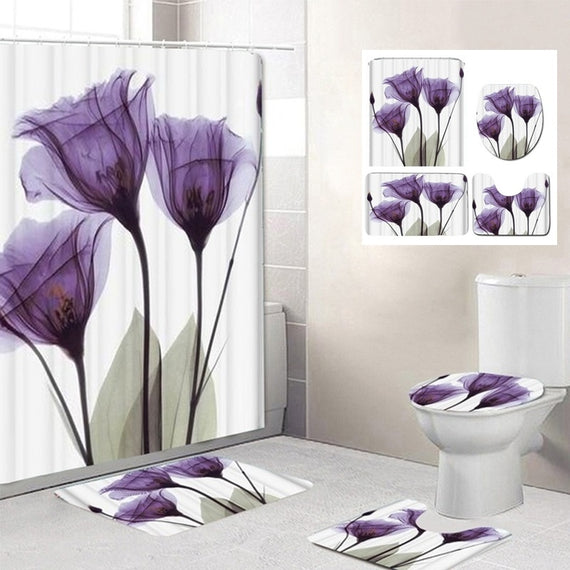 Bathroom Decor Flower Decor Tulips Shower Curtain & Bathroom Rug Set Waterproof Polyester Fabric Bathroom Set Shower Curtain Non-slip Mats Bath Carpets Toilet Seat Cover Floor Mat Pedestal Rug Bath Mat Set