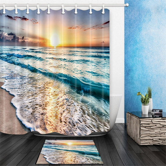 Ocean Beach Sunset Polyester Waterproof Bathroom Shower Curtain Mat Set Decor