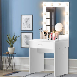 Vanity Set with Lighted Mirror Makeup Vanity Dressing Table Dresser Writing Desk with Drawer for Bedroom Easy Assembly (10Pcs Warm LED Bulb)