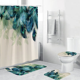 Bathroom Washroom Set Mildew-proof Waterproof PEVA Peacock Feather Shower Curtain + Anti-Slip Bathroom Pedestal Rug + Lid Toilet Cover + Bath Mat