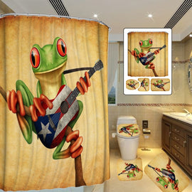 Frog Playing Guitar Bathroom Decor Shower Curtain Anti-skid Bath Carpet Rugs Toilet Seat Cover Bath Mats