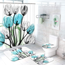 Colorful Tulip Flowers Shower Curtain Sets with Non-Slip Rugs Toilet Lid Cover and Bath Mat Waterproof Shower Curtain Set