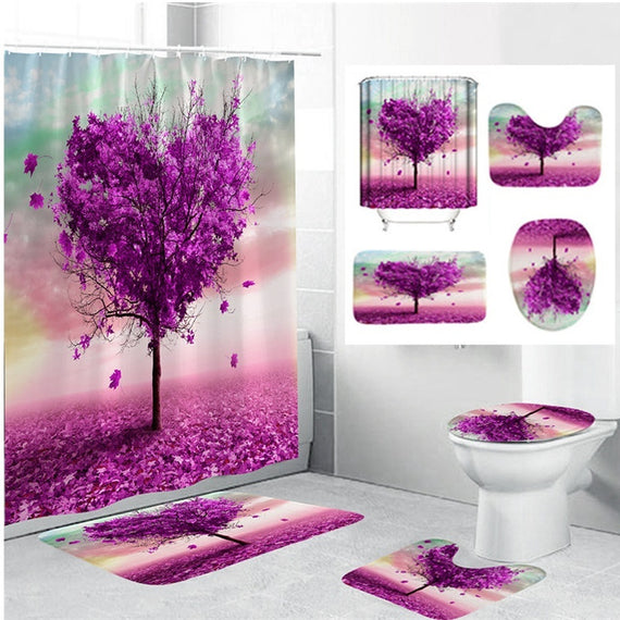 Bathroom Shower Curtain Tree Printing Durable Waterproof  Bath Curtain Sets Toilet Cover Mat Non-Slip Bathroom Rug Set