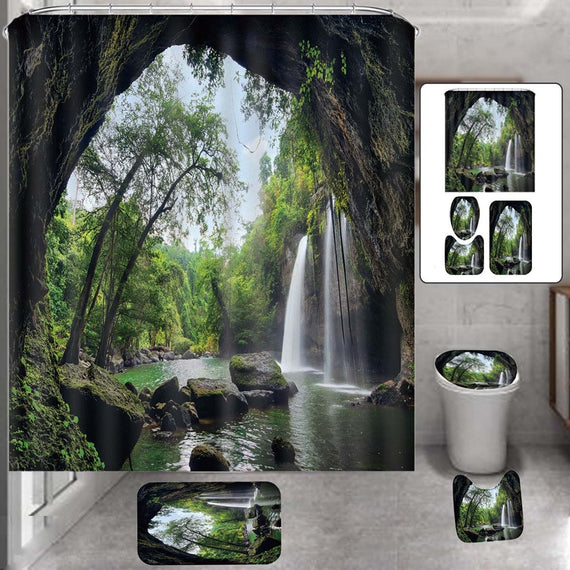 Natural Waterfall Shower Curtain Home Carpet Bathroom Decor Toilet Seat Cover+Pedestal+Bath Mat Rugs Set