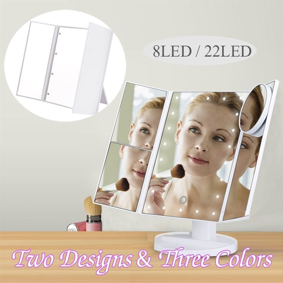 8/22 LED Lighted Touch Screen Makeup Mirror 2x/3x/10x Magnification 180°Adjustable Stand for Countertop Bathroom Cosmetic Makeup