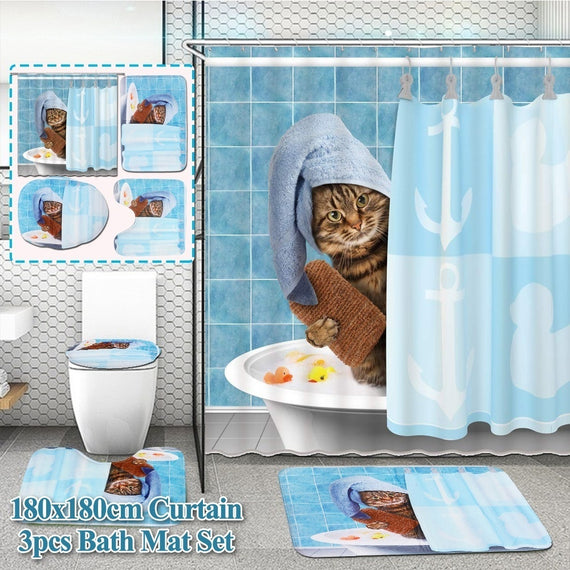 Fun Showering Cat 3D Printing Pedestal Rug Toilet Cover Bath Mat Set Waterproof Shower Curtain Bathroom Decor