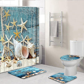 Bathroom Set Summer Blue Conch Starfish Beach style Print Mildew-proof Waterproof Shower Curtain+ Non Slip Bathroom Pedestal Rug + Toilet Lid Cover + Floor Mat Bath Mat