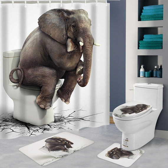 4PCS Sitting Elephant Waterproof Bathroom Shower Curtain Toilet Cover Mat Non-Slip Rug Set