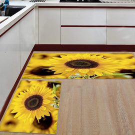 2 Piece Non-Slip Kitchen Rug Floor Mat Kitchen Carpet Bathroom Area Rugs Doormat Runner Rug Set, Vigorous Summer Sunflower