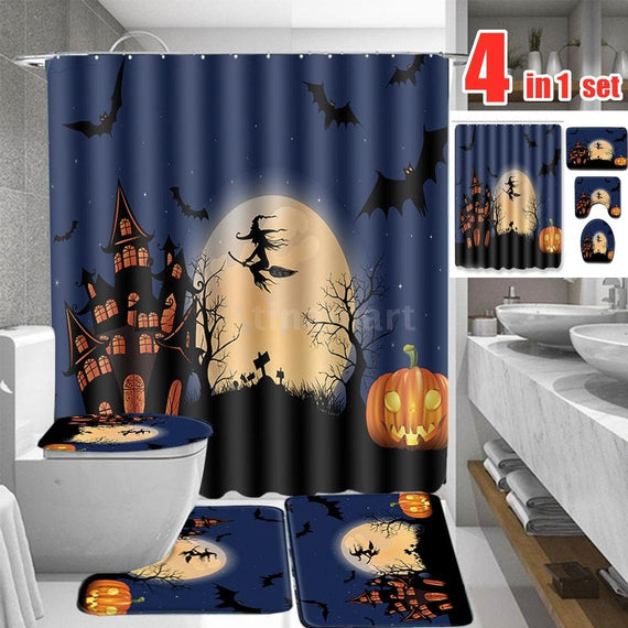 4 Pcs/Set Halloween Decoration Print Shower Curtain Mat Four-Piece Set for Bathroom Mat Partition Curtain