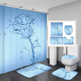 1/3/4Pcs 3D Printing Romantic Water Flower Waterproof Bathroom Shower Curtain Toilet Cover Mat Non-Slip Floor Mat Rug Bathroom Set with 12 Hooks