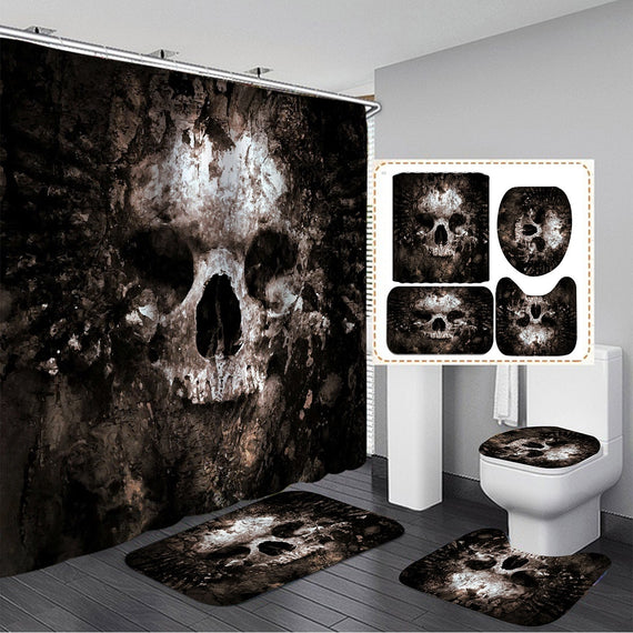 Single Curtain/3 Pcs Mat/4 pcs Set Halloween Skull Bathroom Set Shower Curtain Non-slip Bath Mat Toilet Seat Cover Pedestal Rugs Home Carpets Bathroom Decor